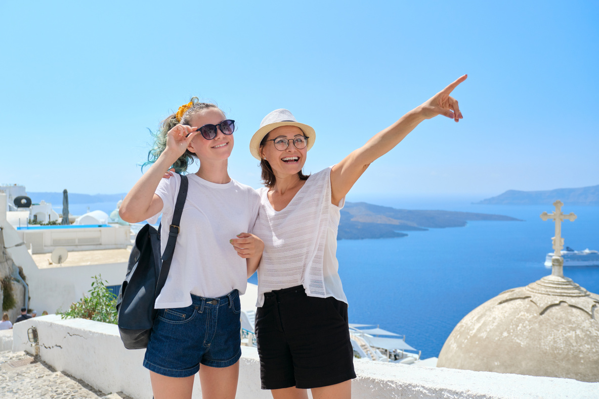 Mother and Teenage Daughter Traveling Together, Luxury Travel, Island Santorini